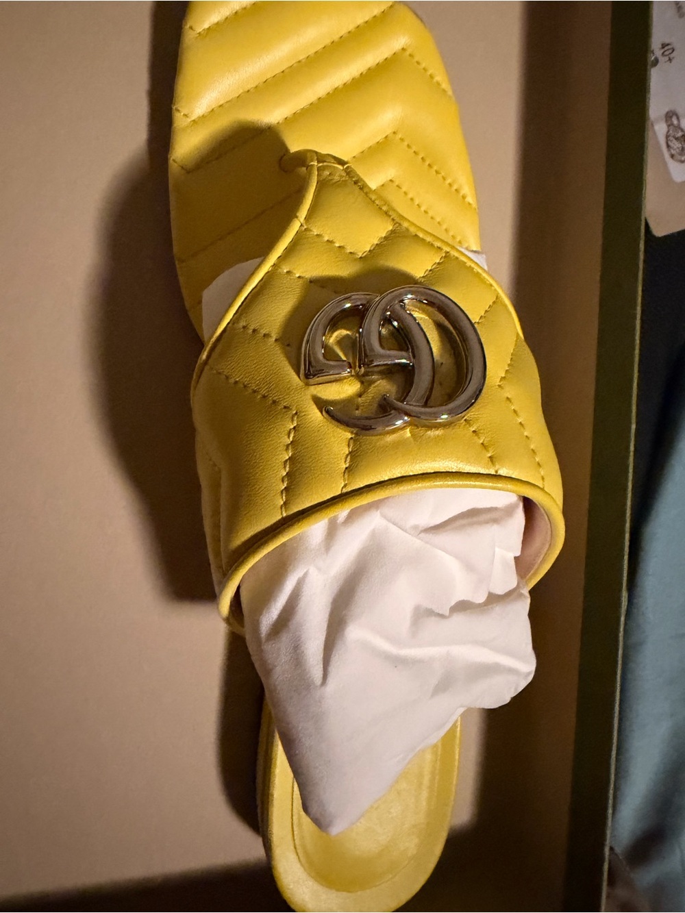 Yellow quilted open-back slide sandal